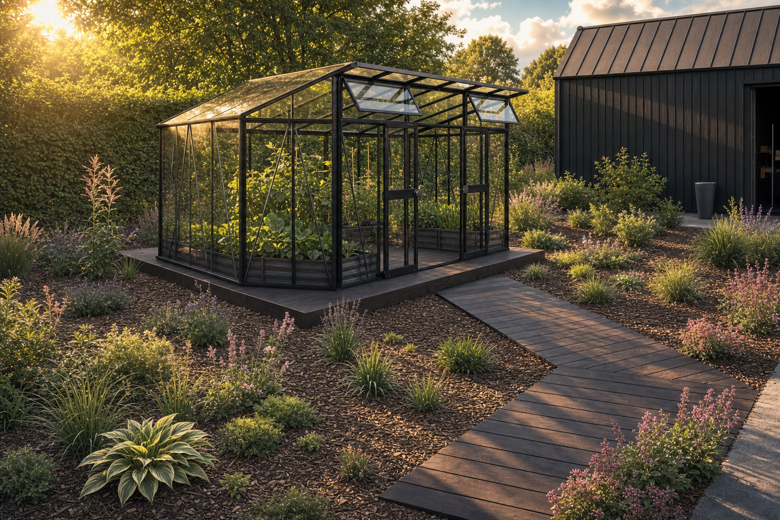 Vision — drivhus og terrasse, Hulvejen 167D baghave